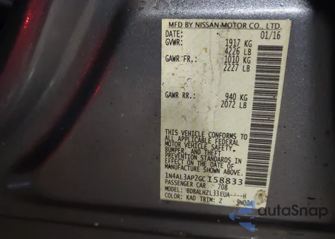 2016 Nissan Altima 2.5 Sr from USA, damaged, VIN 1N4AL3AP2GC158833